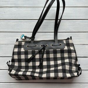 NWOT Dooney & Bourke Large Tassel Zip Top Bag Black Off White Check